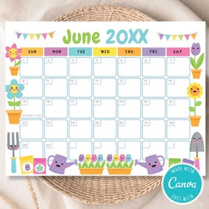 Bewerkbare kawaii-kalender voor juni | Afdrukbare lentebloem | Leuke canvas plannersjabloon | PDF-maandkaart met pastelkleurige bloemen