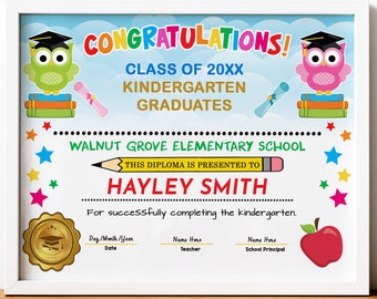 May include: A framed kindergarten diploma with a white border. The design features cartoon owls, stars, and the text "CONGRATULATIONS!" and "HAYLEY SMITH." The diploma includes space for the date, teacher, and principal.