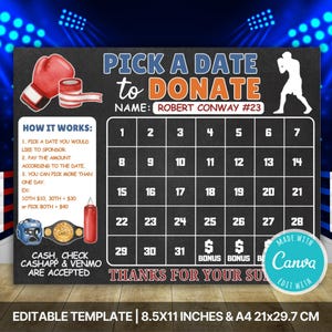 May include: A boxing-themed donation calendar template with the text "Pick a Date to Donate." The design includes boxing gloves, a boxer silhouette, and a grid for dates. The template is 8.5x11 inches.