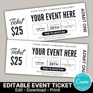 May include: Two white event tickets with black text. Each ticket reads "YOUR EVENT HERE" and includes details for December 28th at 7:00 PM. The tickets also say "TIME TO HAVE FUN!" and "ADMIT ONE."