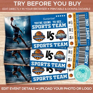 May include: Editable printable ticket template for a basketball game. The ticket features a blue and white design with a basketball graphic and the text "Sports Team vs Sports Team". The ticket also includes a placeholder for a photo or logo.