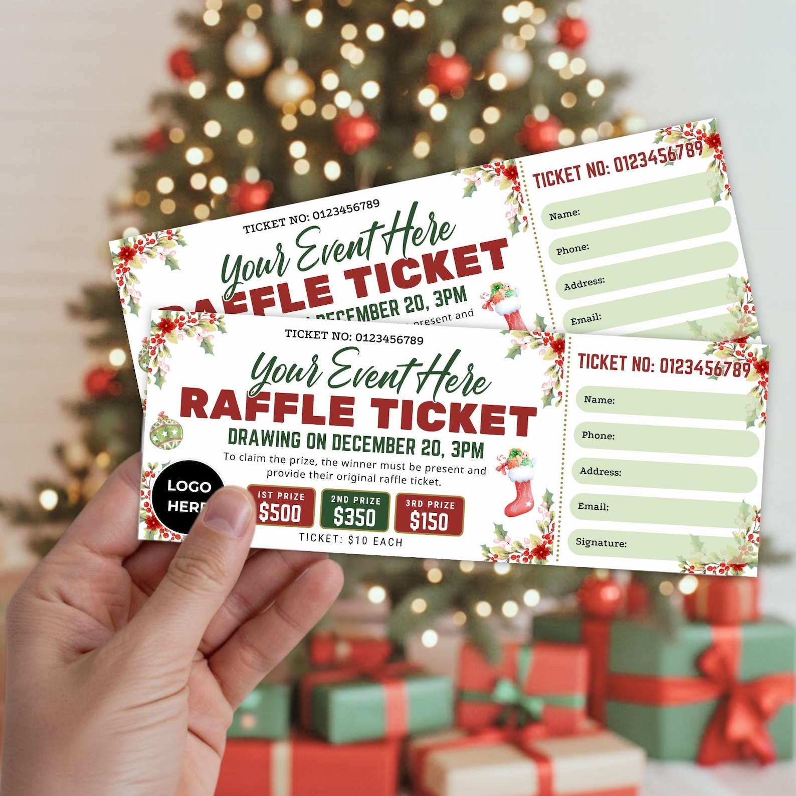 Printable Christmas Raffle Ticket Template: Editable Holiday and Winter ...