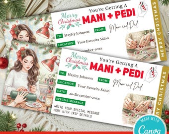 Editable Manicure Pedicure Christmas Gift Coupon Ticket Template: Nail Salon Spa Gift Certificate Voucher