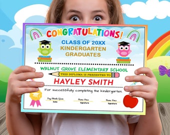 May include: A colorful kindergarten diploma with the text "CONGRATULATIONS!" and "CLASS OF 20XX KINDERGARTEN GRADUATES." The certificate features owl illustrations, rainbows, and an apple. The diploma is presented to Hayley Smith.