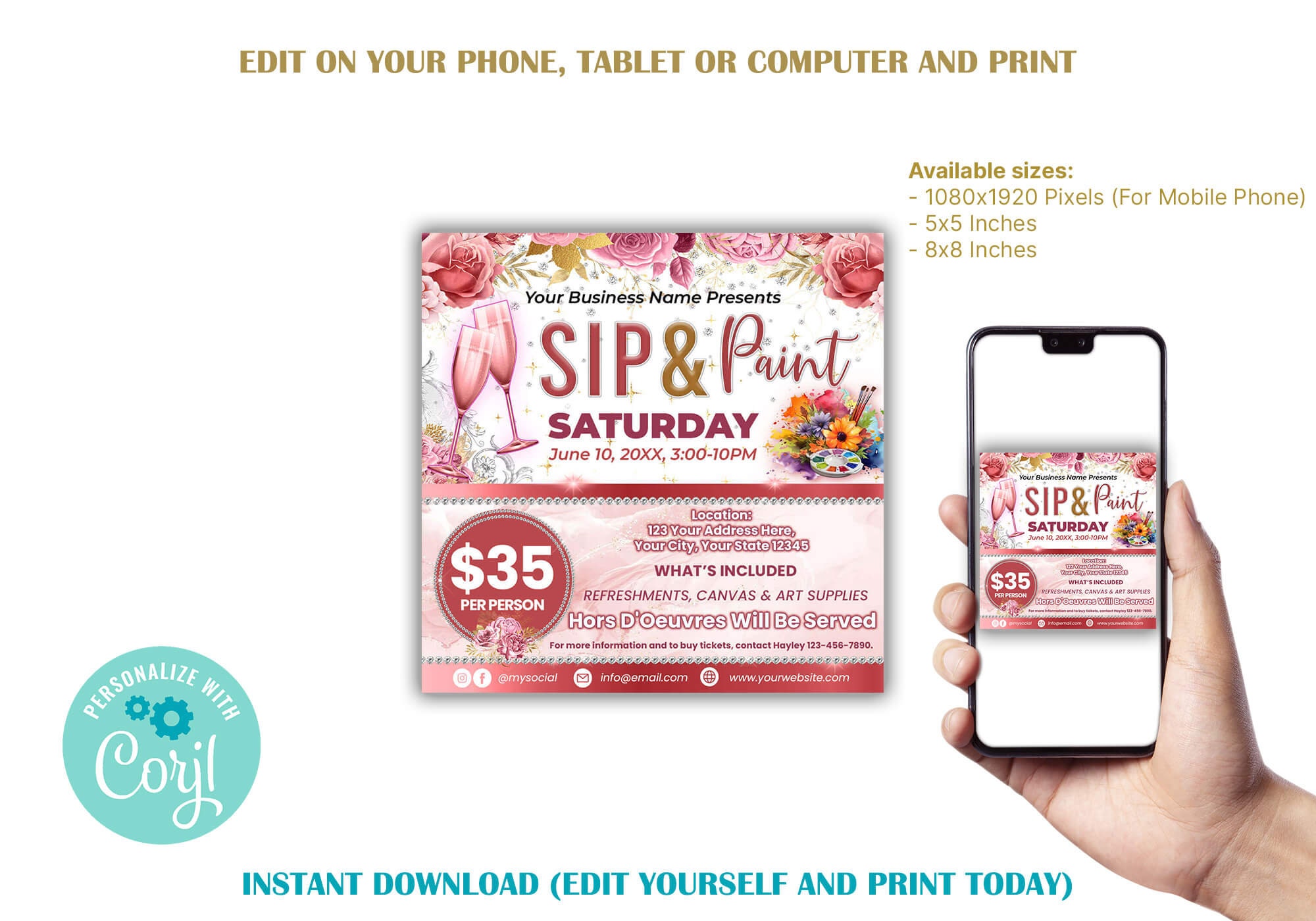 DIY Sip and Paint Flyer Template, Editable Paint and Sip Flyer, Event