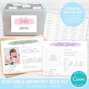 Memory Box Label | Editable School Years Pages | Baby Keepsake Folder File Tab Cover | Kids Grade Organization Questionnaire Filing System