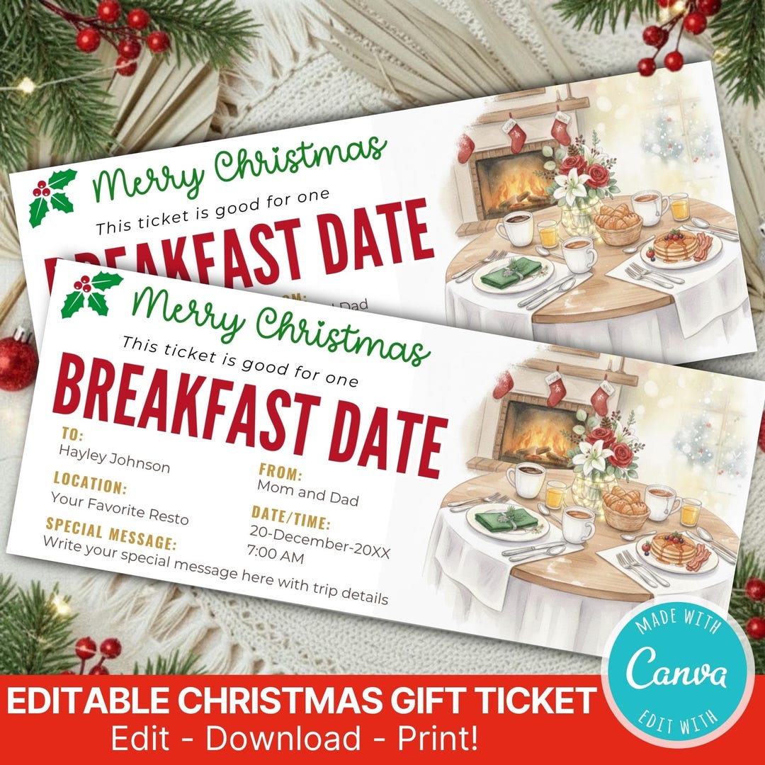 Christmas Breakfast Gift Ticket Template: Editable Breakfast Date ...