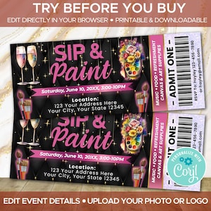 Paint Party Themed Event Ticket | Bearbeitbare Farbe und Sip Ticket einladen | Sip and Paint Ticket Stub-Vorlage | Einladung zur Paint Party