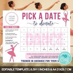 May include: A pink and white printable calendar with the words "Pick a Date to Donate" and "Dance" in pink letters. The calendar is for a dance fundraiser and has a pink ballerina illustration. The text "Cash, Check, Cashapp & Venmo are accepted" is at the bottom of the calendar.