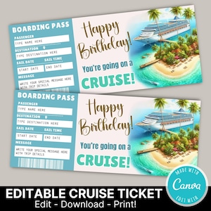 Editable Cruise Ticket Template | Surprise Birthday Cruise Boarding Pass  Gift Template | Printable Cruise Ticket Gift for Birthday