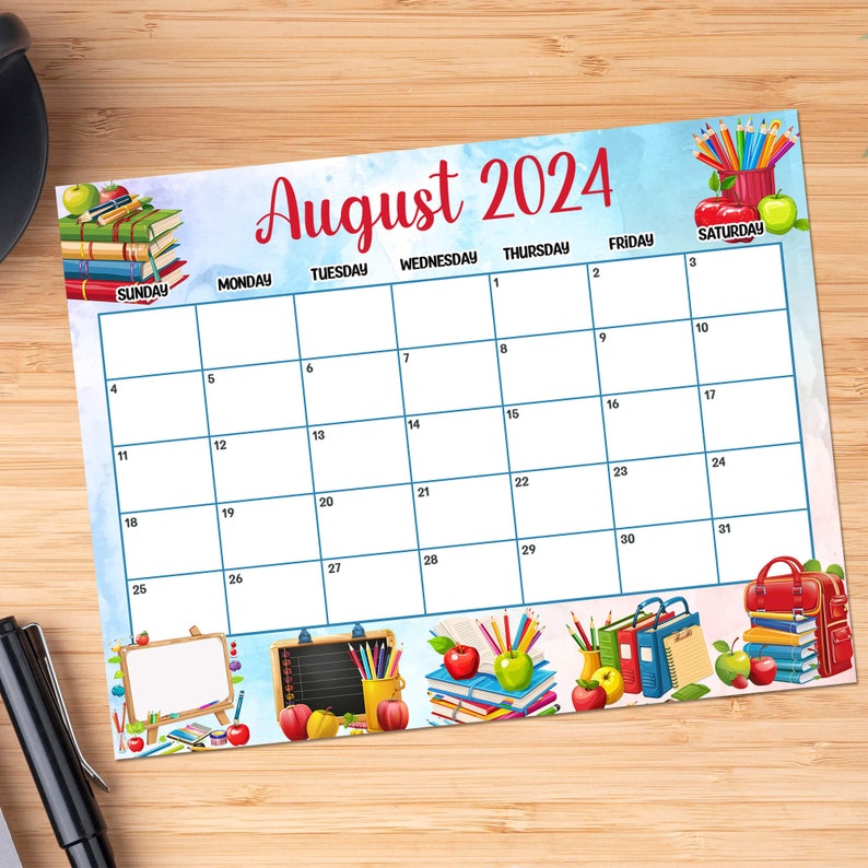 Back to School August 2024 Calendar, Printable August Calendar, Back to