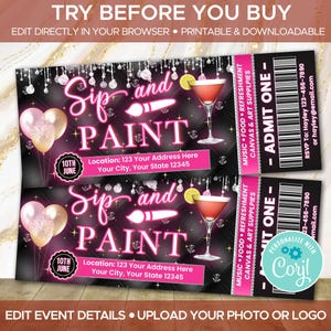 Malen und Schlürfen Bearbeitbares Paint Party Themed Event Ticket | Sip and Paint Ticket Vorlage | Malen Sie Party-Veranstaltung | Sofort Download