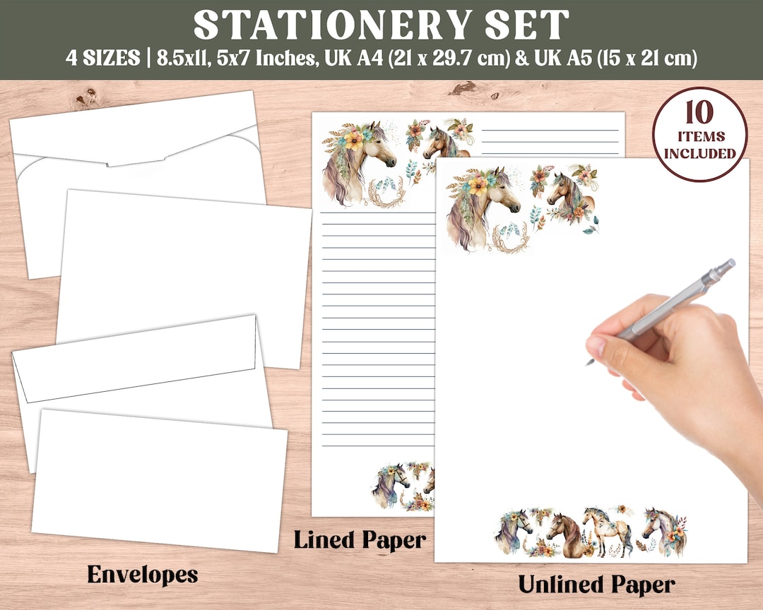 10 Piece Printable Stationary Set for Horse Lovers, Watercolor Digital ...