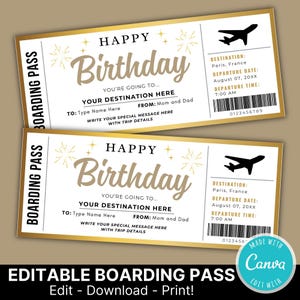de billet de carte d'embarquement cadeau d'anniversaire surprise DIY | Révélation de vacances modifiable | Cadeau billet d'avion | Bon cadeau voyage