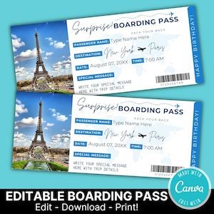 Customizable Boarding Pass Ticket Template Birthday Trip | Editable Airplane Ticket Gift | Surprise Vacation Travel | Instant Download