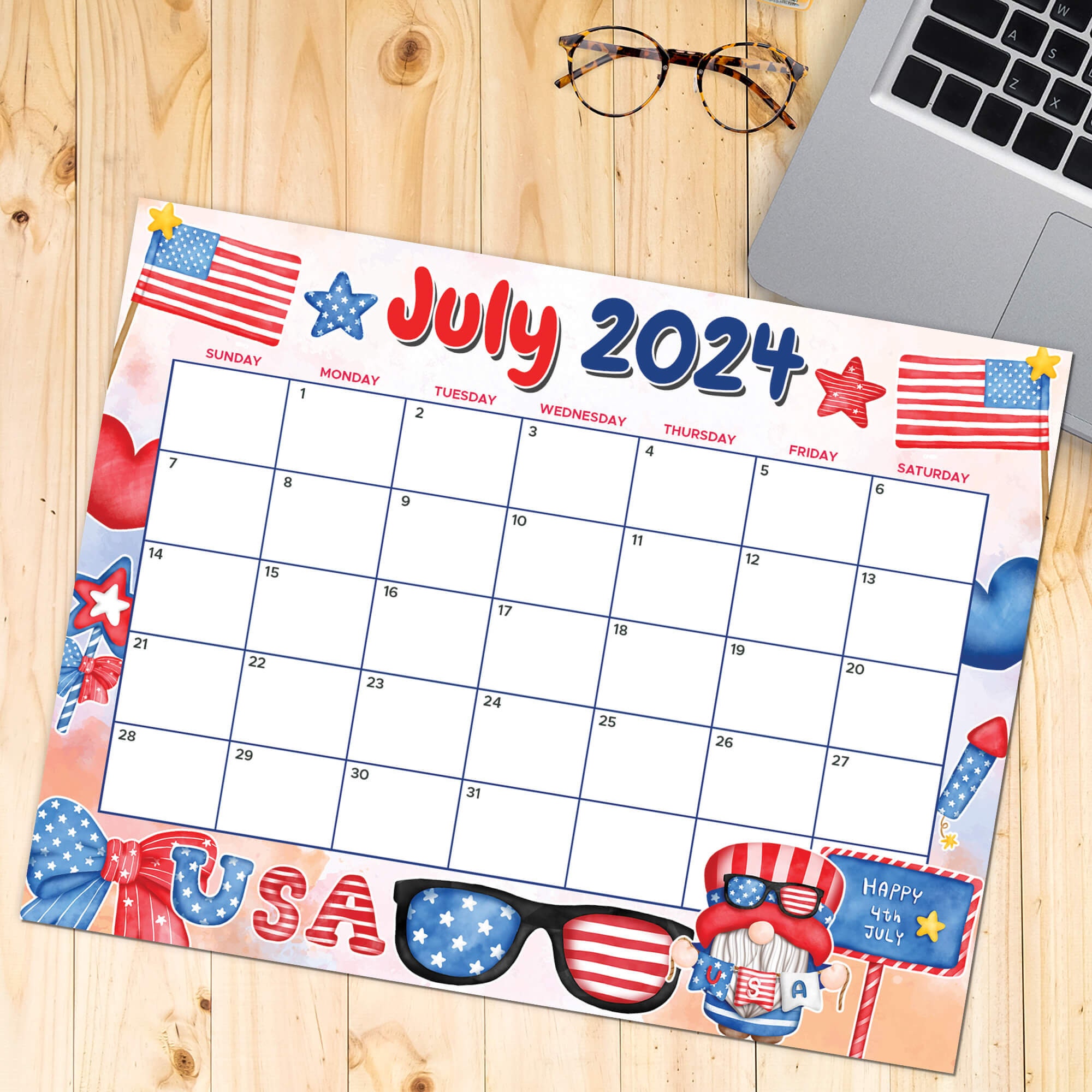 Printable 4th of July Day Calendar Planner, July 2024 Calendar, 4th of ...