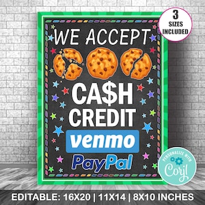 Bewerkbaar We accepteren betalingen: bord, contant, tegoed, Venmo en Paypal, bake-sale, poster koekjeskraam, scoutskoekjeshokje, fondsenwervingshokje