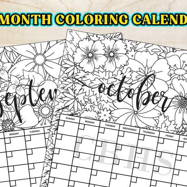 12 Month Coloring Calendar Floral Pattern Black Lettering, Printable Adult Coloring Pages Yearly Calendar 2023, Blank Calendar Downloadable