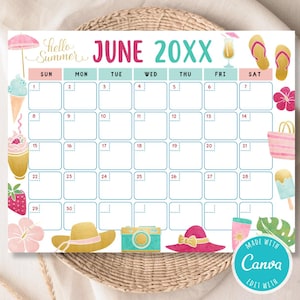 Summer June Calendar Printable | Hello Summer Digital Planner | Cute Aesthetic Monthly Calendar | Beach Theme Calendar | Instant Download