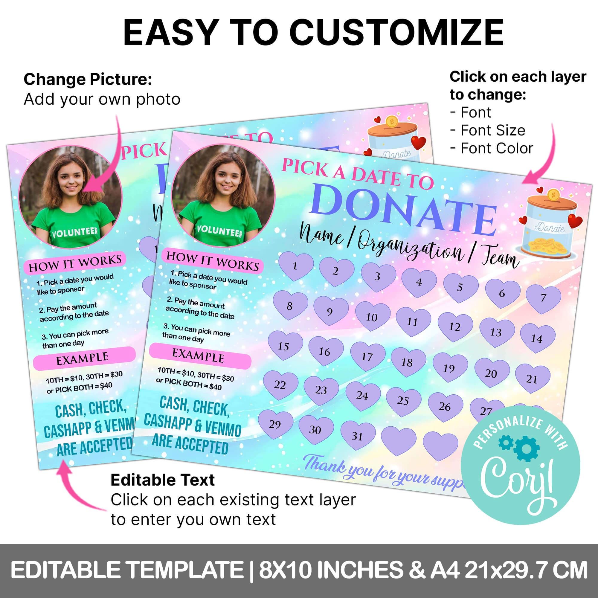 Editable Pick a Date to Donate Fundraising Calendar - Etsy