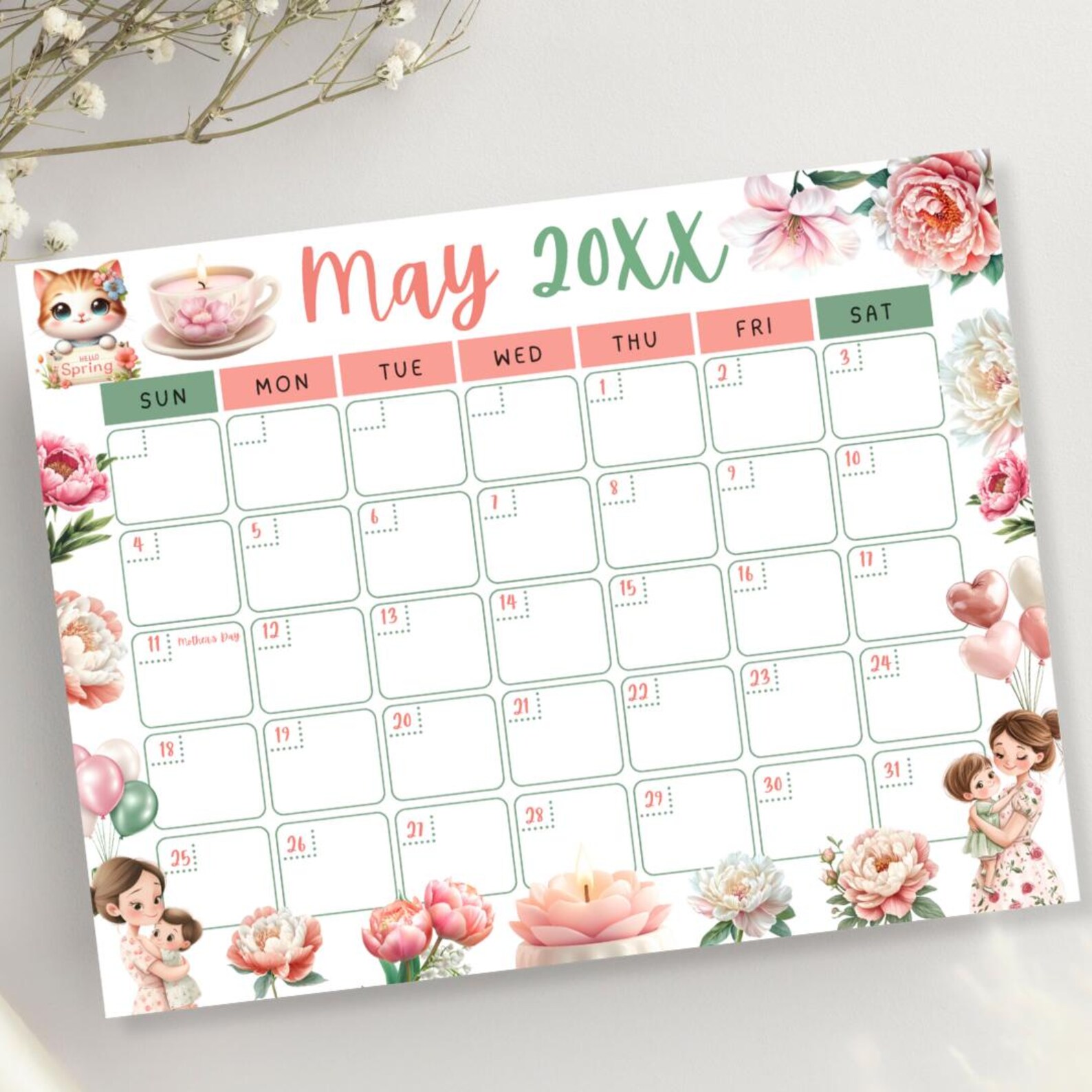 Printable May 2025 Calendar | Mother’s Day Themed Digital Planner ...