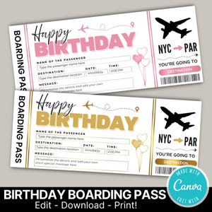 Editable Birthday Airplane Ticket | Surprise Trip Ticket | Boarding Pass | Birthday Gift | Surprise Vacation | Printable Airplane Ticket