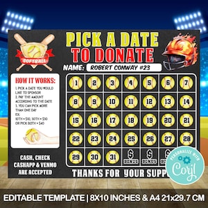 Editable Softball Calendar Fundraiser, Softball Pick a Date to Donate, Softball Fundraiser, Sport Donation Calendar