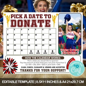 Editable Cheer Fundraiser Pick A Date To Donate Calendar, Cheerleading Calendar Fundraiser, Cheerleader Calendar Fundraiser