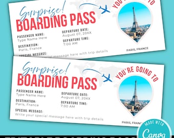Plantilla de tarjeta de embarque editable para viaje de cumpleaños / Regalo de boleto de avión imprimible / Revelación de viaje sorpresa / Descarga instantánea
