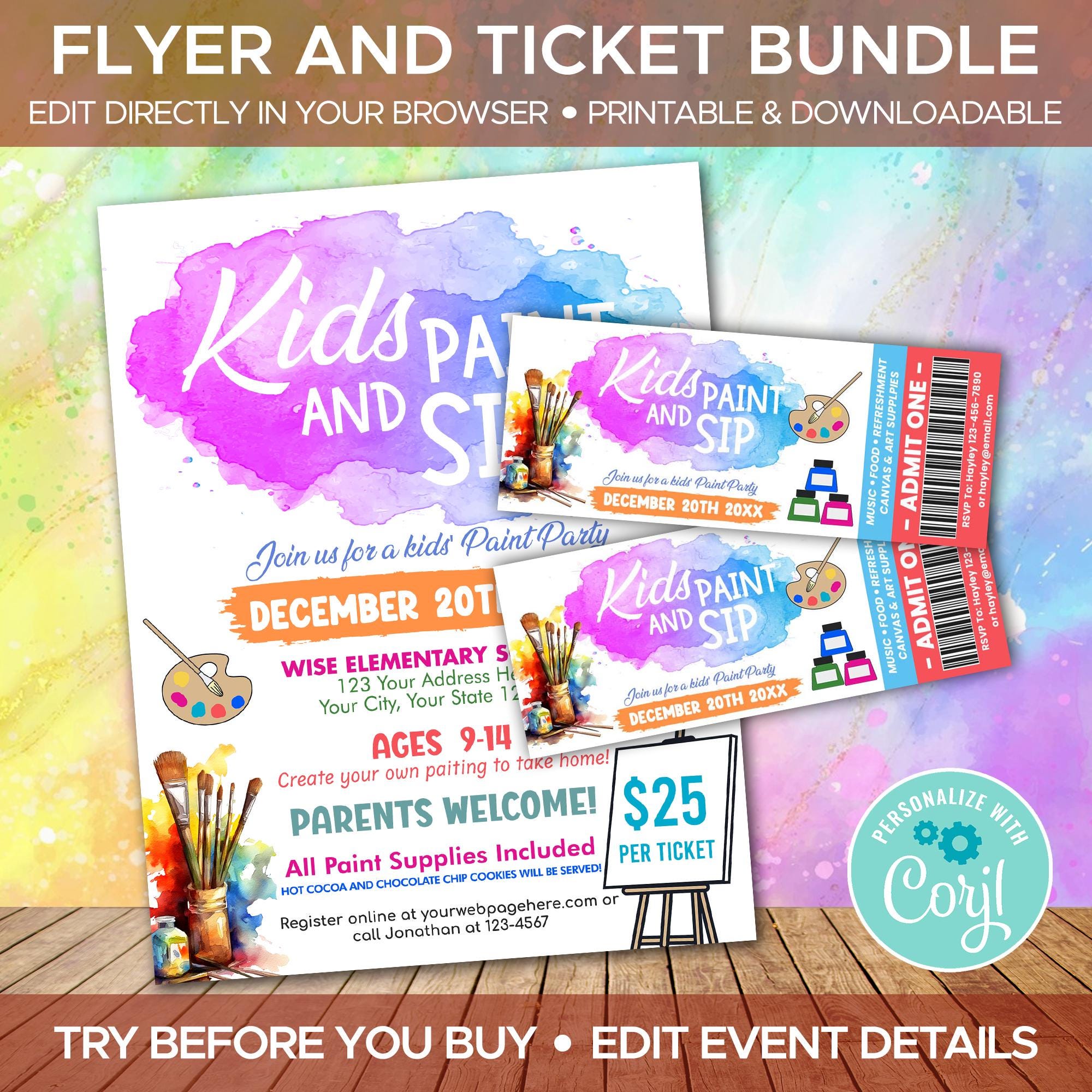 DIY Kids Paint and Sip Ticket and Flyer Bundle | Editable Kids Paint Party Event Template | Kids Sip and Paint Invitation Ticket Stub