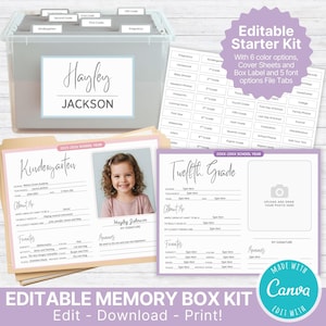 Memory Box Starter Kit | File Cover Pages, Tabs & Box Label | Editable Milestone Pages | Baby Keepsake File Box | School Year Questionnaire