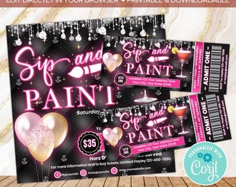 Paint and Sip Flyer and Ticket | Editable Paint Party Themed Event Bundle | Sip and Paint Ticket Invite | Paint Party Template
