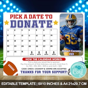 Football Pick a Date to Donate Calendar Flyer, Rugby Fundraiser Sponsor Team Player, School Sports Fundraiser Template,