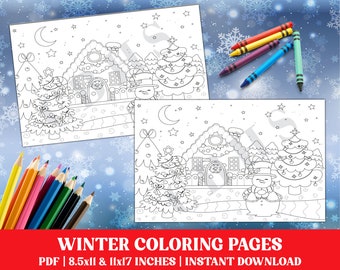 Dibujo para colorear de Navidad, escena nocturna de invierno (descarga digital)