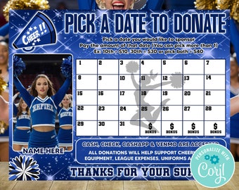 Editable Cheerleader Squad Pick a Date to Donate, School Cheer Team Fundraising Calendar, Cheer Pay the Date Fundraiser,