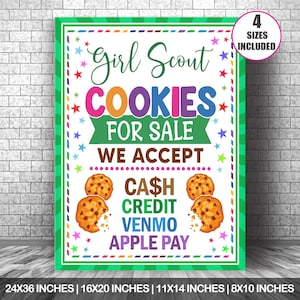 Druckbar Wir akzeptieren Bargeld, Kredit, Venmo Zahlungen Zeichen | PDF Pfadfinderin Keks zum Verkauf Stand Beschilderung | Benefiz Cookie Stand Poster