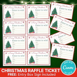 Puede incluir: Una colección de boletos de rifa navideños con borde rojo. Cada boleto presenta un árbol de Navidad verde, el texto "Merry Christmas, Enter to win!" y campos para nombre, dirección, teléfono y correo electrónico. La parte inferior dice "Christmas Raffle Ticket".