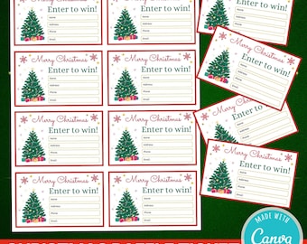 May include: A collection of Christmas raffle tickets with a red border. Each ticket features a green Christmas tree, the text "Merry Christmas, Enter to win!", and fields for name, address, phone, and email. The bottom reads "Christmas Raffle Ticket".