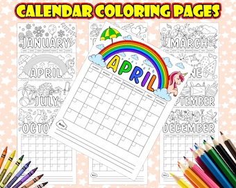 12 Month Coloring Calendar for Kids, Printable Calendar to Color, Cute Coloring Calendar PDF