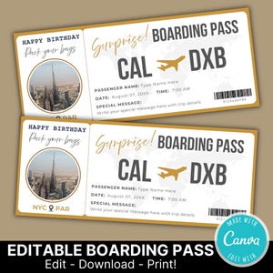 Editable Boarding Pass Surprise Ticket Template | Travel Reveal Boarding Pass Voucher | Surprise Trip Gift | Instant Download