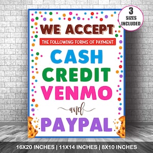 クッキーブース支払いサイン、PDF 支払いサイン現金、クレジット、Venmo、Paypal、募金ブース、ベークセール、クッキーブースバナーを受け付けます