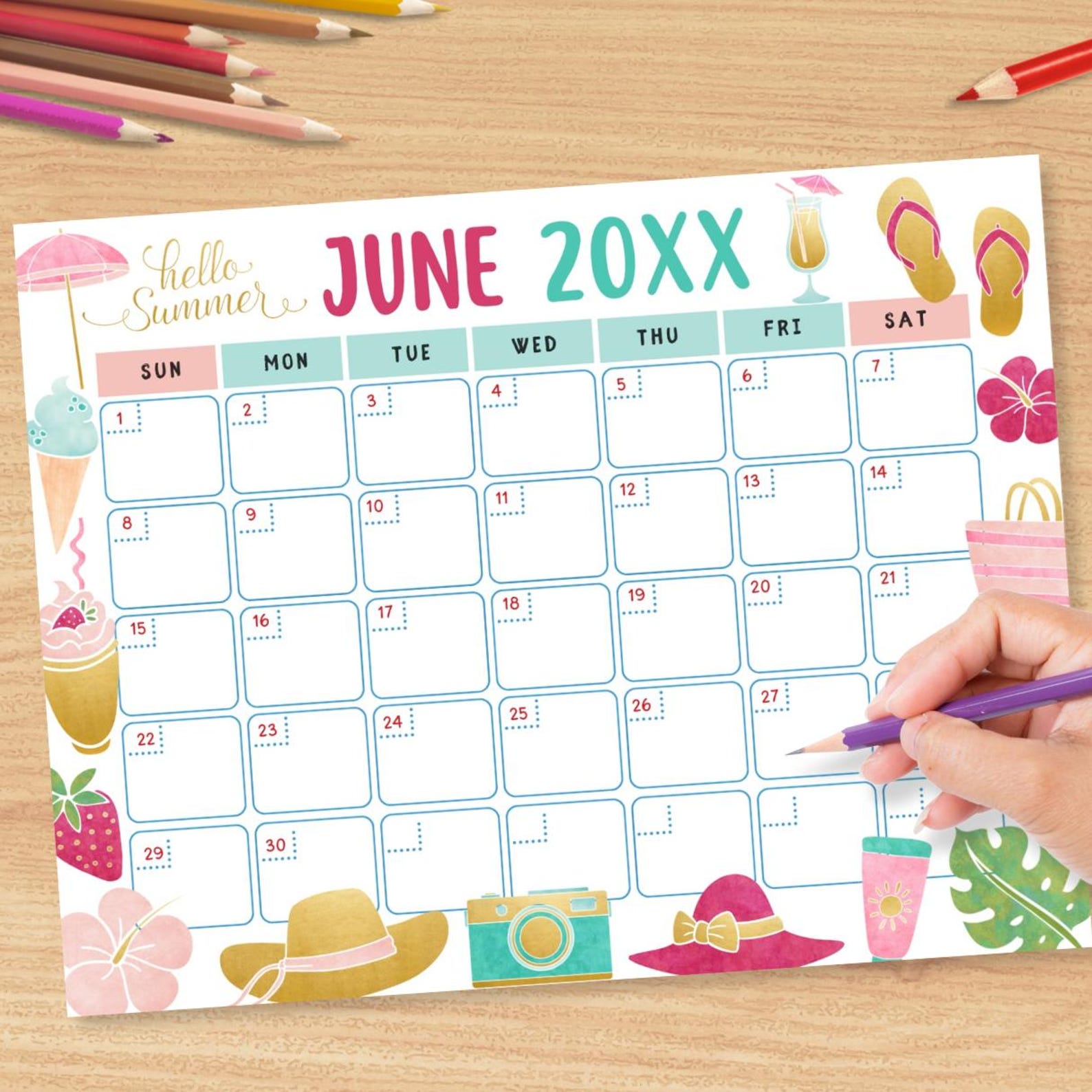 Summer June Calendar Printable | Hello Summer Digital Planner | Cute ...