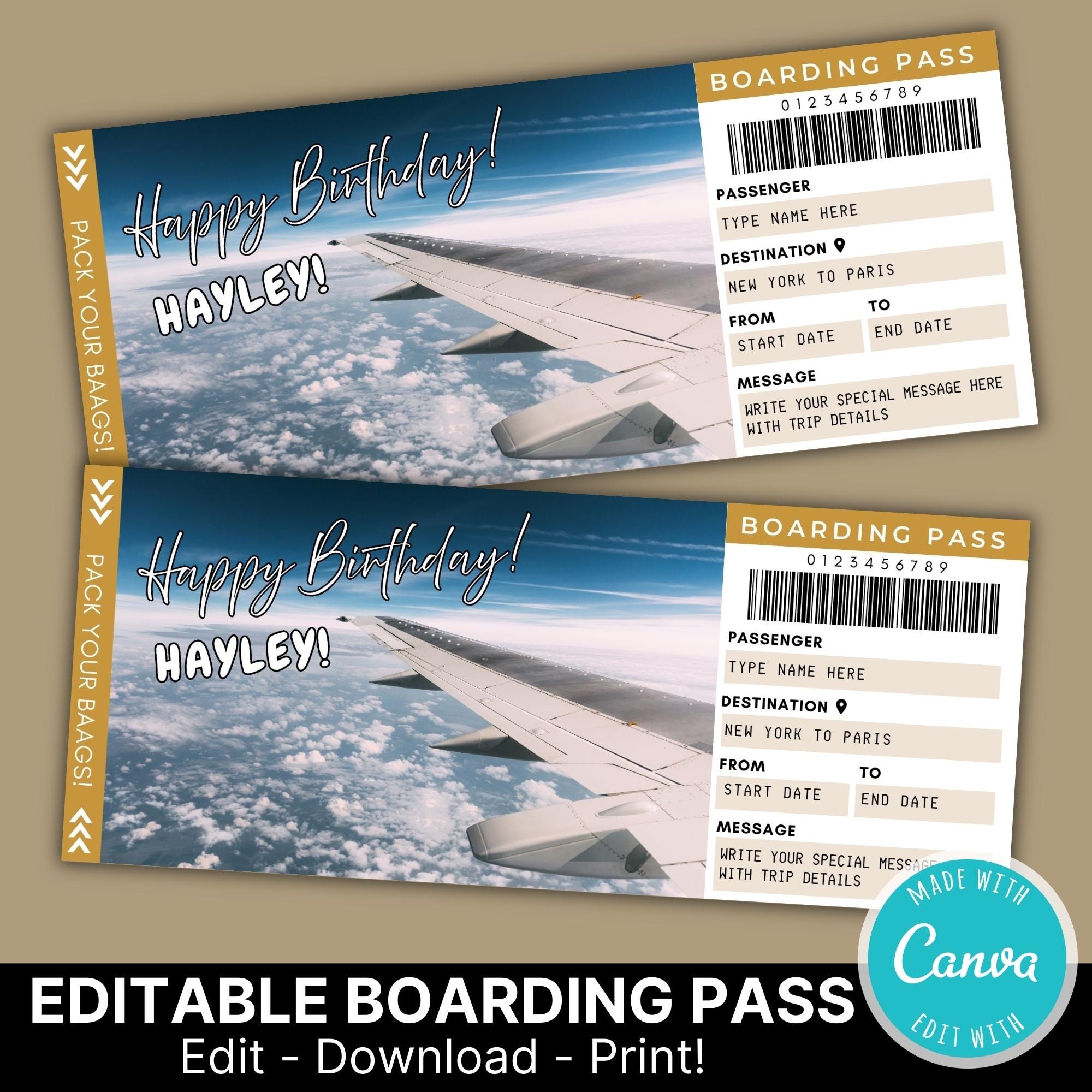 Editable Boarding Pass Surprise Gift Template | Custom Birthday ...