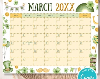 Editable St. Patrick’s Day March Calendar Printable | Colorful Shamrock Themed Monthly Planner | Instant Download