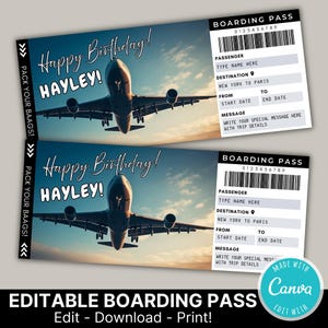 Editable Boarding Pass Surprise Gift Template Travel Reveal | Printable Personalized Travel Gift Voucher Airline Ticket | Instant Download