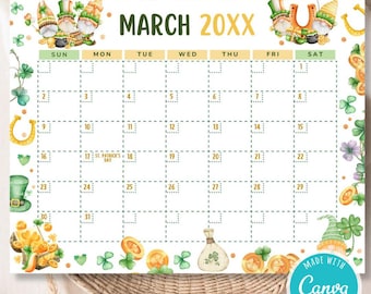 Editable March Calendar | Happy St. Patrick's Day Planner | St. Patrick’s Day Themed Monthly Planner | Cute Shamrock Digital Download
