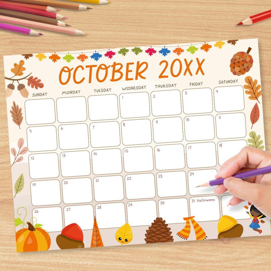 Editable Autumn Harvest October Calendar | Fall Themed Month of October ...