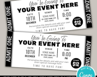 Plantilla editable de entradas para eventos / Imprimible para tus propias entradas / Escapada sorpresa, cumpleaños, musical, teatro, concierto / Descarga instantánea