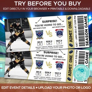 Peut inclure: Modèle de billet de match de hockey imprimable et modifiable avec un design noir et or. Le billet présente un joueur de hockey en uniforme noir et or, un bâton de hockey et le texte "Surprise ! Vous allez voir..." avec un espace pour ajouter les noms des équipes qui jouent. Le billet comprend également une section pour les numéros de siège, de rangée et de section. Le texte "Personnaliser avec Corjl" se trouve dans le coin inférieur droit.