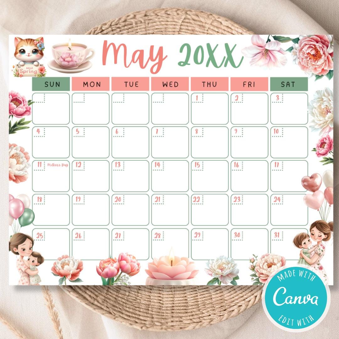 Printable May 2025 Calendar | Mother’s Day Themed Digital Planner | Cute Floral Monthly Calendar | Canva Template | Digital Calendar